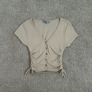 Beige Ruched Button-Up Women Top